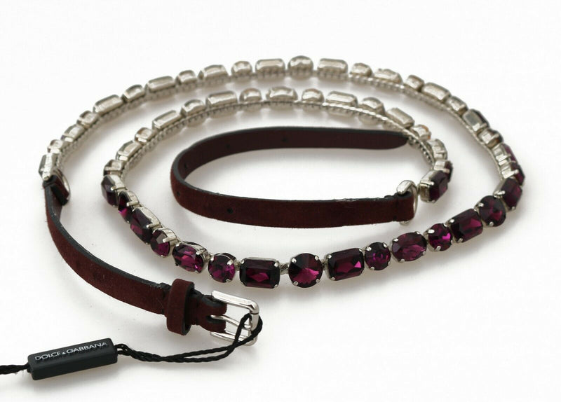 Brown Leather Purple Crystal Chain Belt