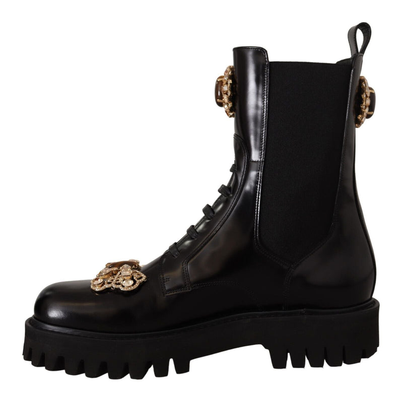 Black Leather Crystal Combat Boots Shoes