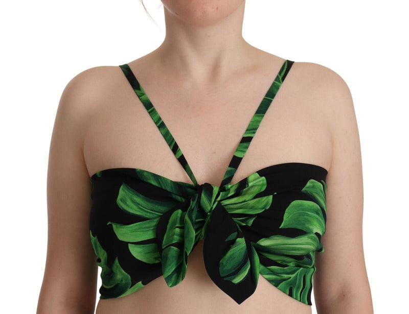 Black Green Leaf Silk Halter Cropped Top