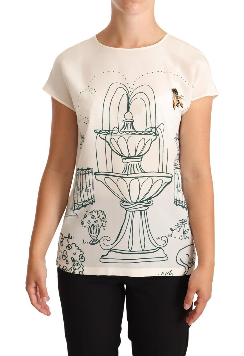 White Silk Garden Fountain T-Shirt Blouse