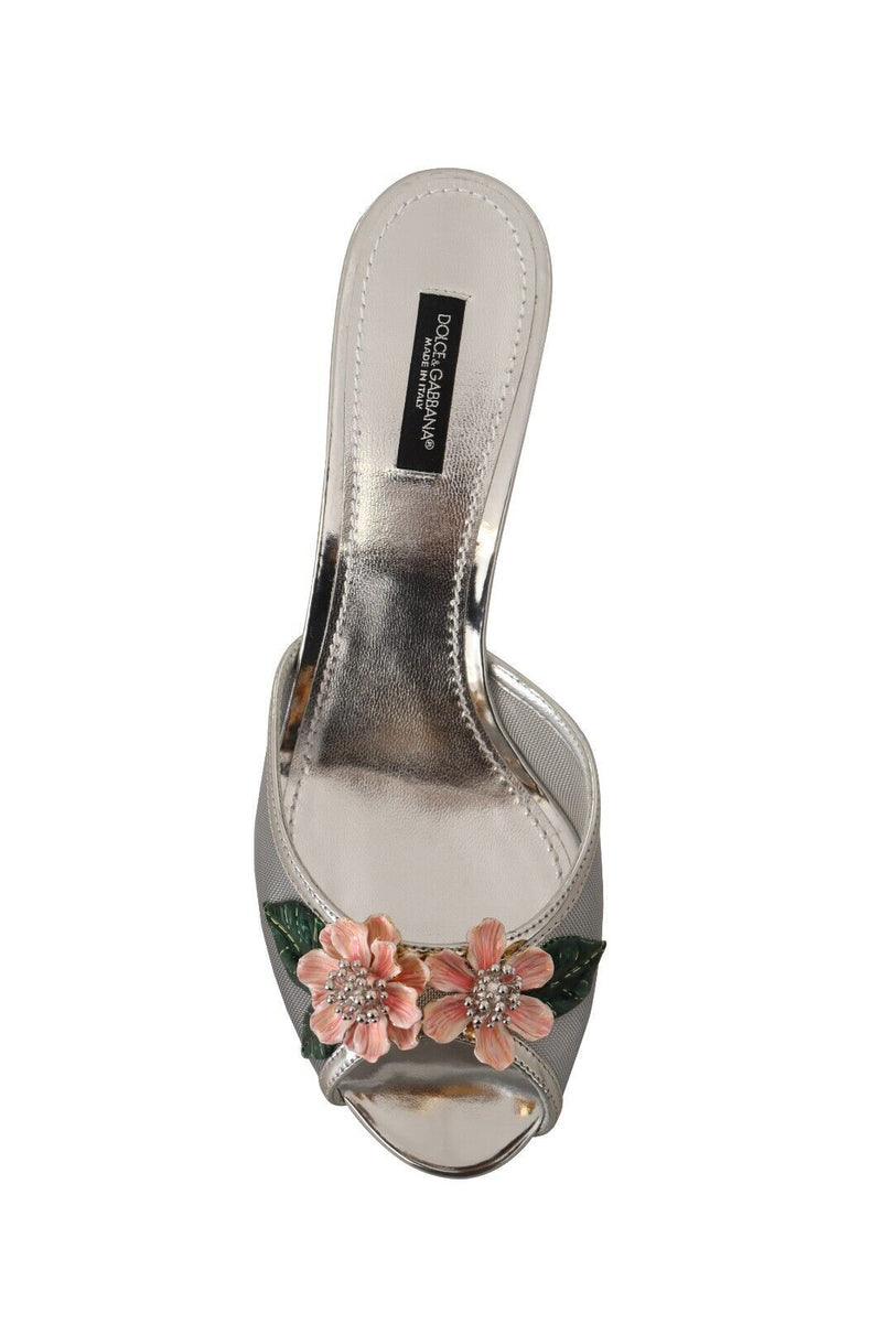 Silver Keira Leather Floral Slip On Sandals Shoes