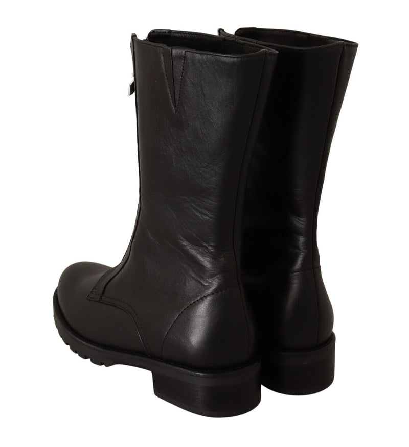 Black Leather High Boots Front Zip Closure Shoes