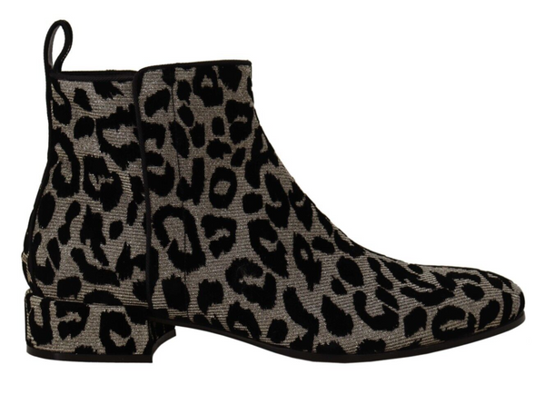 Silver Black Leopard Zipper Short Boots Shoes