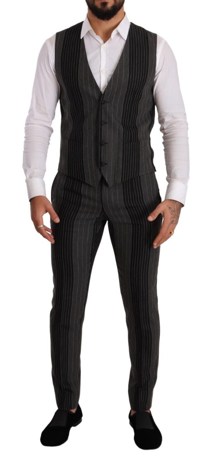 Black Gray Striped Slim Fit 3 Piece Suit