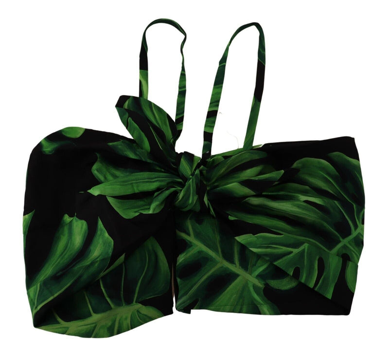 Black Green Leaf Silk Halter Cropped Top