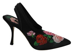 Black Roses Print Heels Slingback Shoes