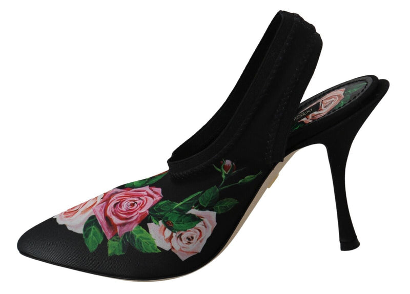 Black Roses Print Heels Slingback Shoes