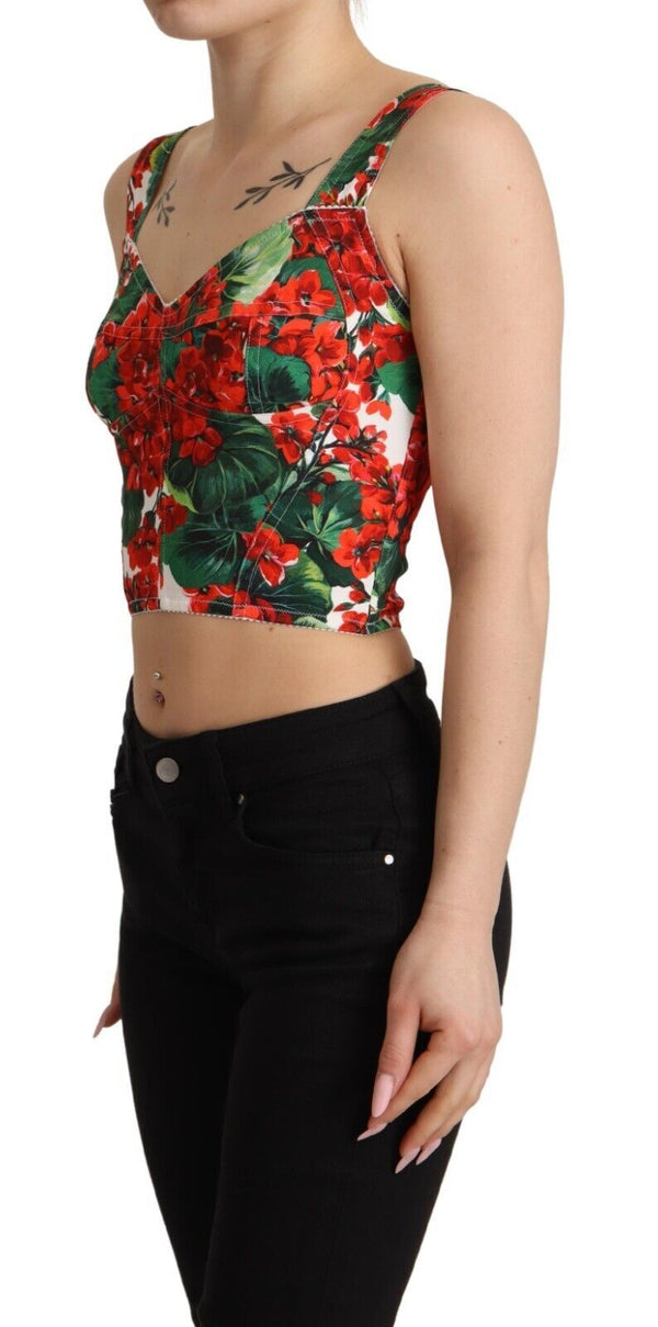 Red Geranium Print Viscose Sweetheart Cropped Top