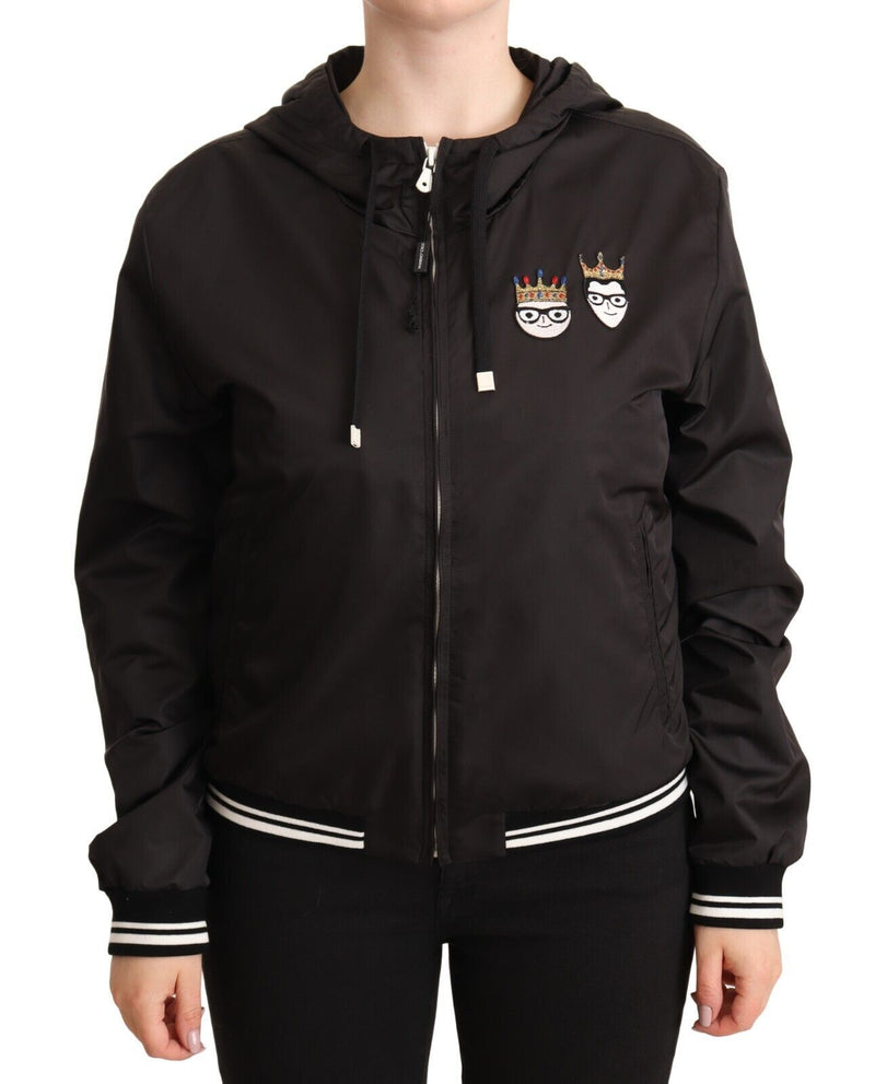 Black Polyester Hooded Bomber Full Zip Jacket