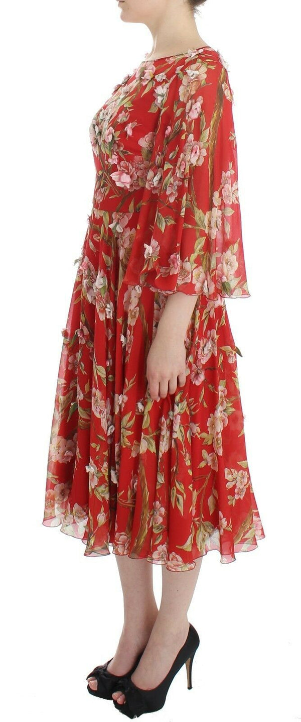 Red Floral Print Silk Maxi Runway Dress