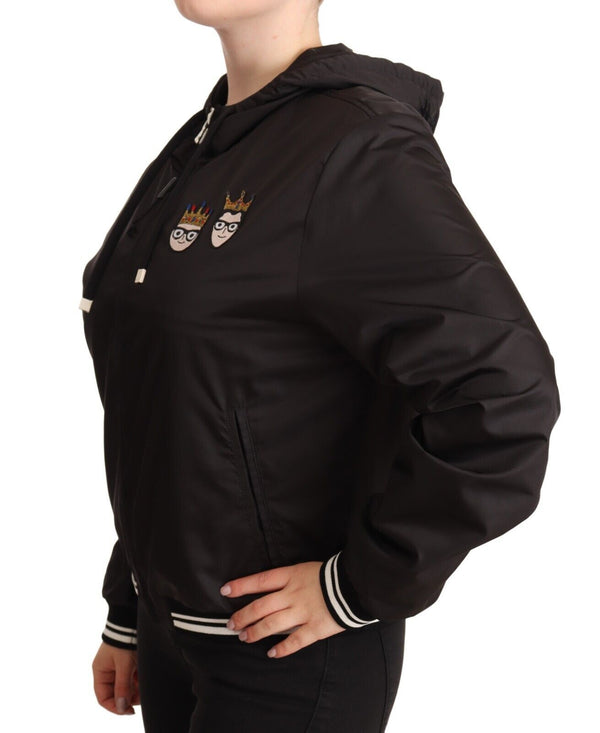 Black Polyester Hooded Bomber Full Zip Jacket