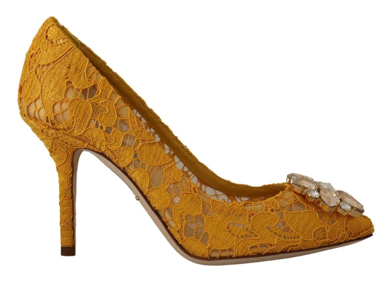 Yellow Taormina Lace Crystal Heels Pumps Shoes