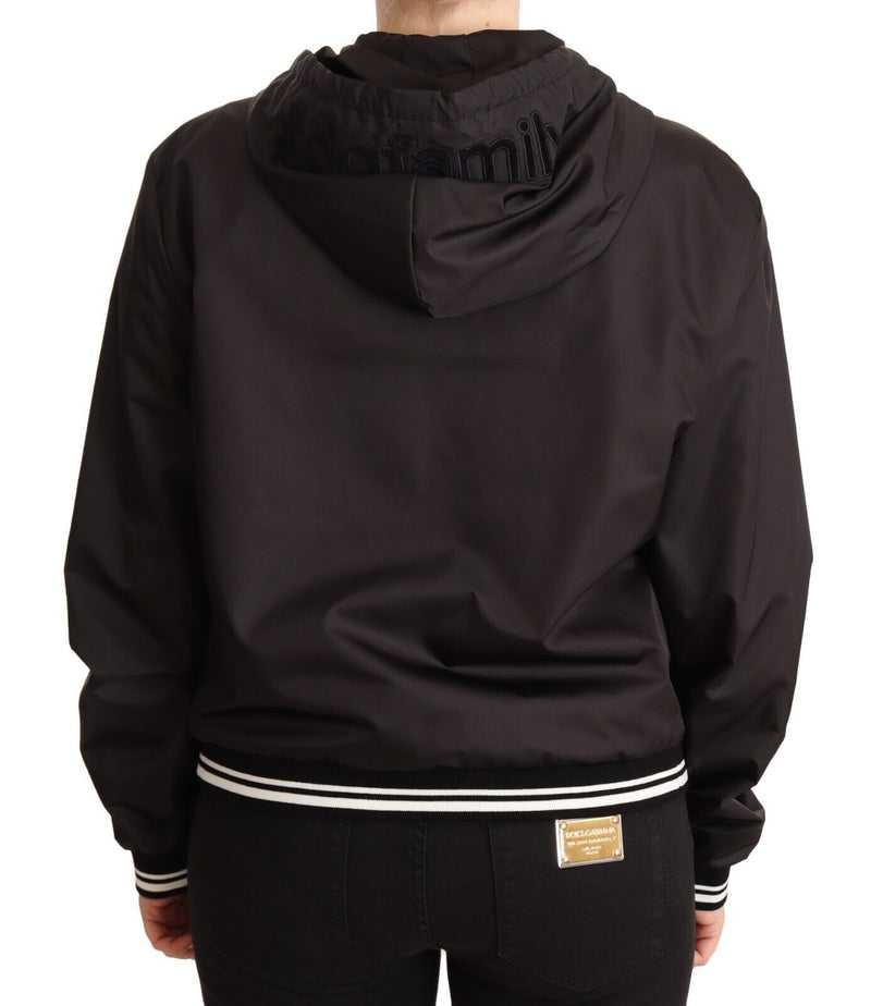 Black Polyester Hooded Bomber Full Zip Jacket