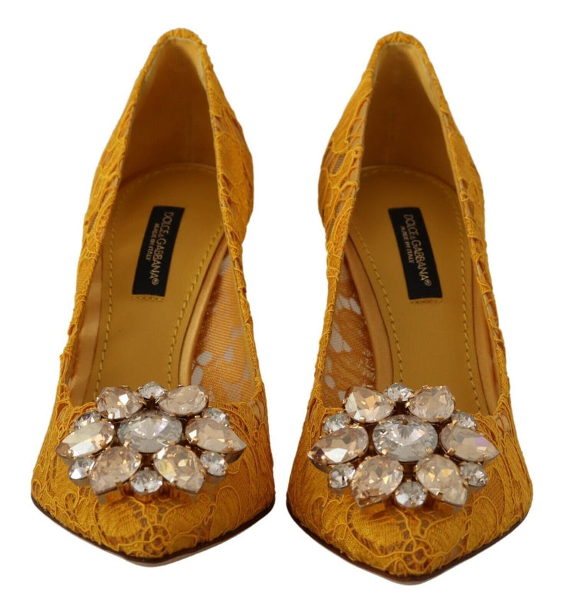 Yellow Taormina Lace Crystal Heels Pumps Shoes