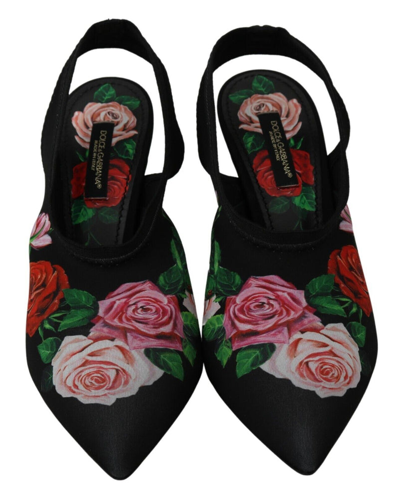 Black Roses Print Heels Slingback Shoes