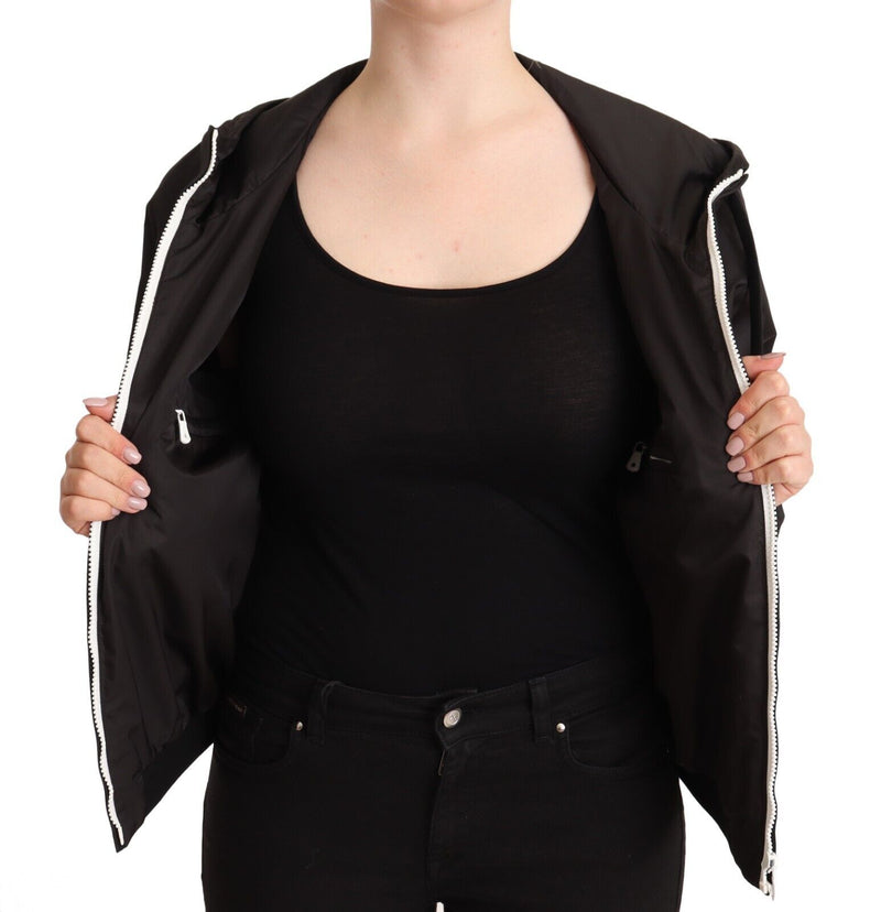 Black Polyester Hooded Bomber Full Zip Jacket