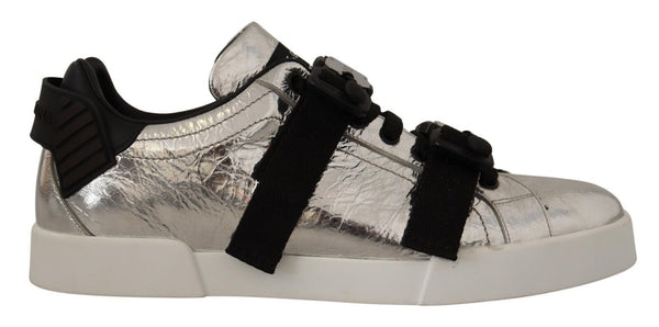 Silver Black Leather Metallic Sneakers Shoes