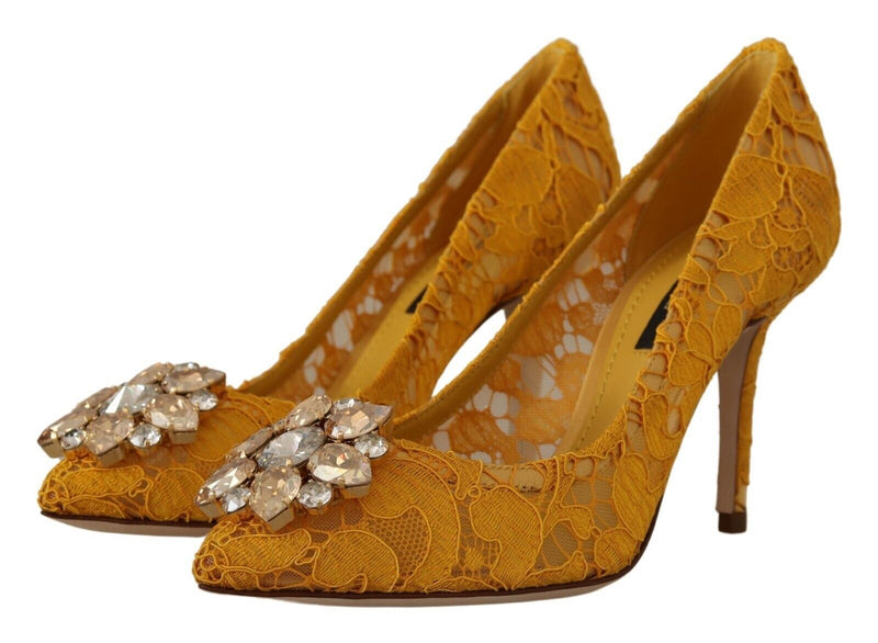 Yellow Taormina Lace Crystal Heels Pumps Shoes