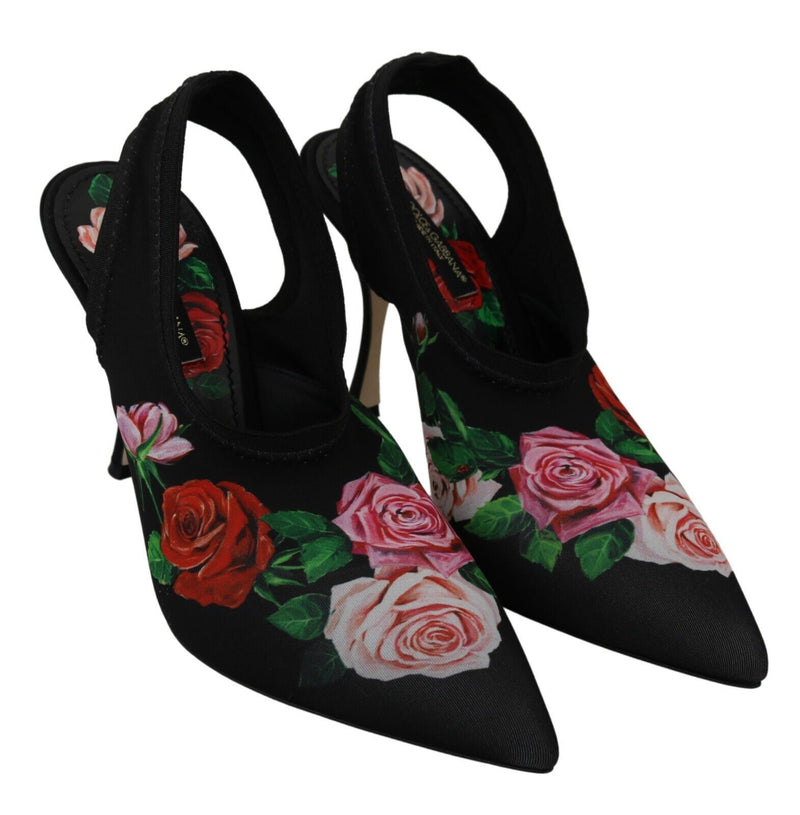 Black Roses Print Heels Slingback Shoes