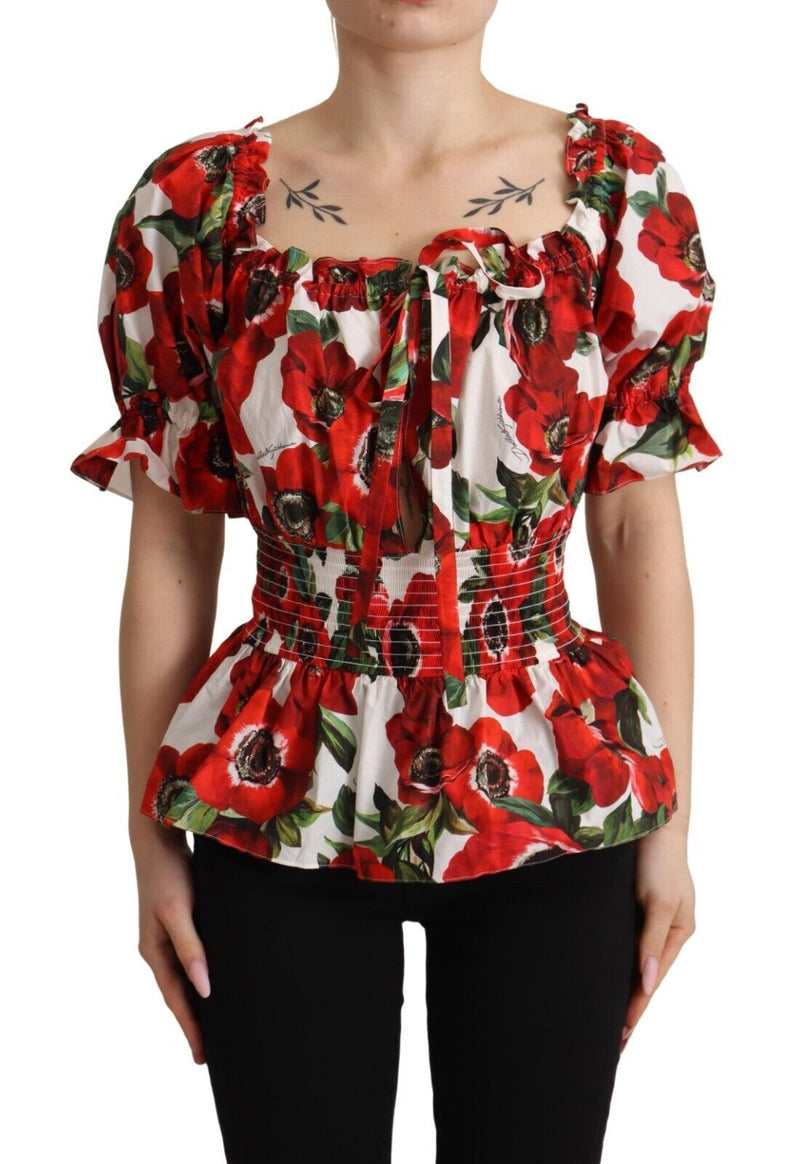 Red Anemone Print Cotton Short Sleeves Blouse Top