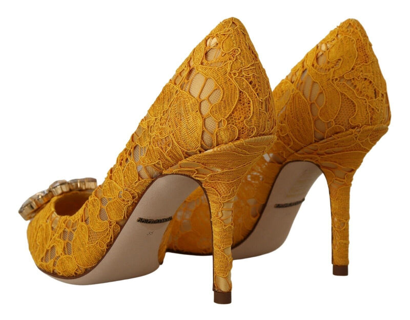 Yellow Taormina Lace Crystal Heels Pumps Shoes