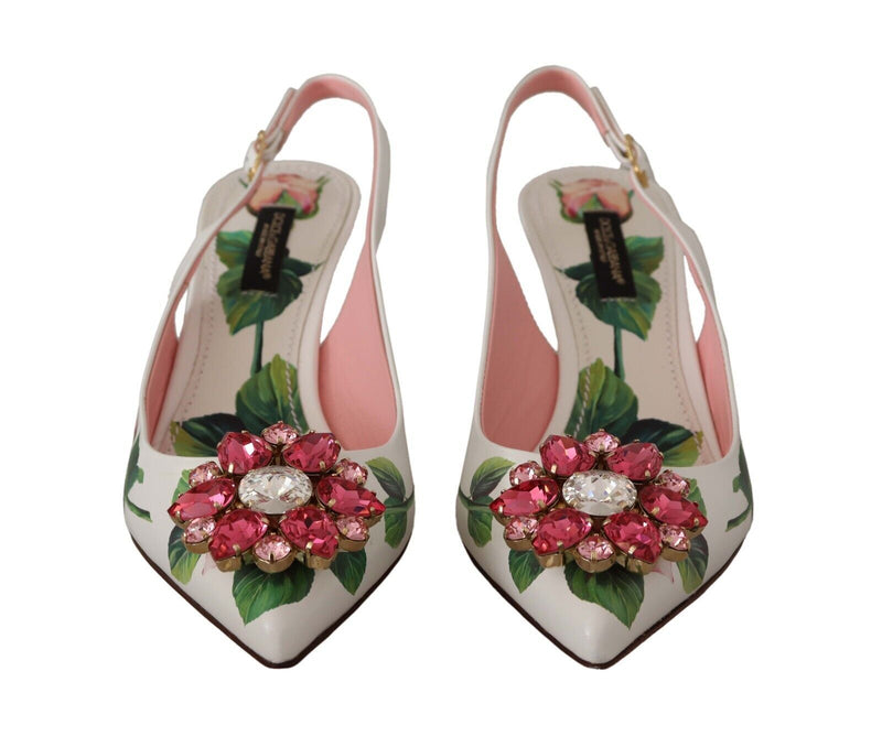 White Roses Crystal Slingback Leather Shoes