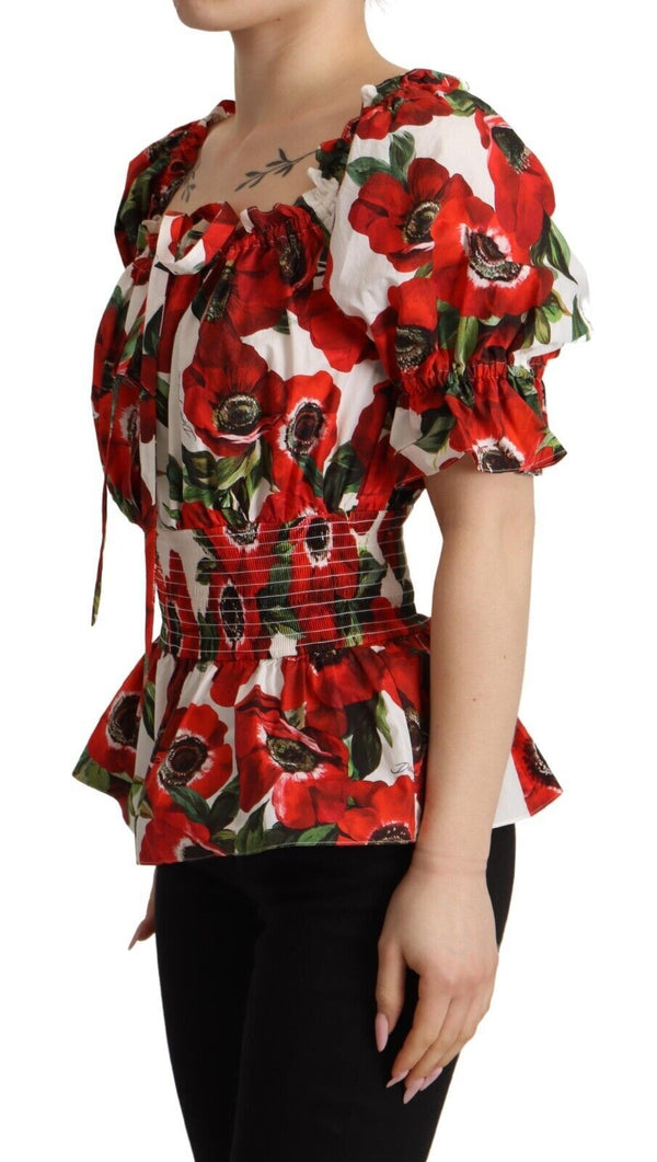 Red Anemone Print Cotton Short Sleeves Blouse Top