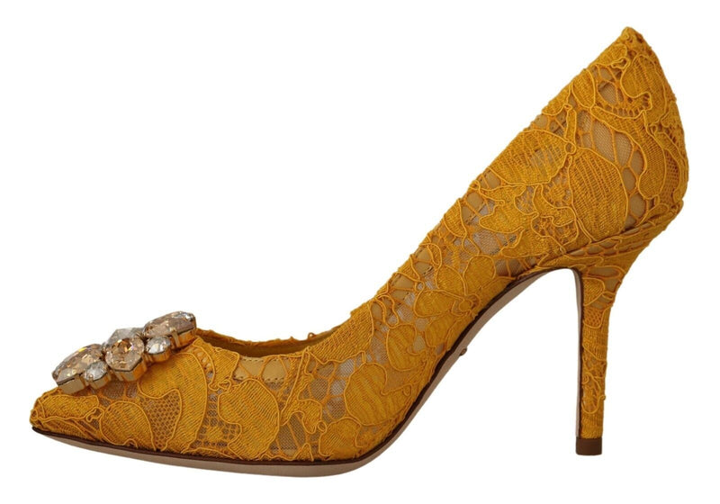 Yellow Taormina Lace Crystal Heels Pumps Shoes