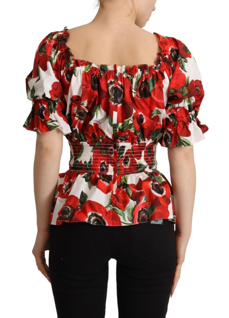 Red Anemone Print Cotton Short Sleeves Blouse Top