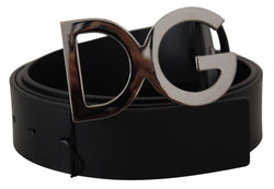 Black Leather Silver Logo Metal Buckle Belt