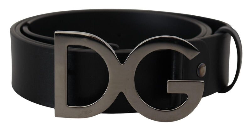 Black Leather Silver Logo Metal Buckle Belt