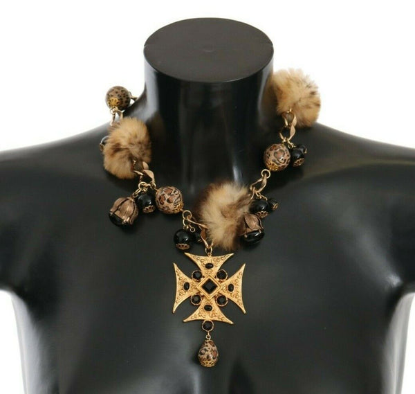 Gold Pon Pon Lapin Fur Crystal Cross Brass Necklace