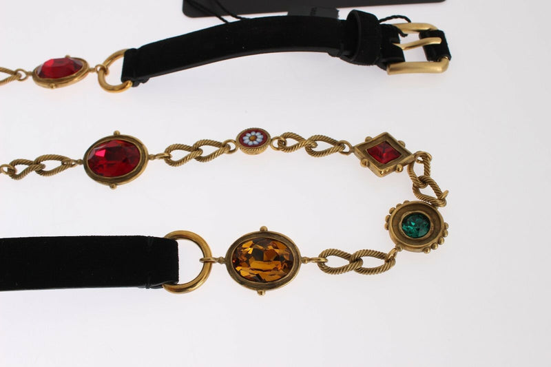 Black Suede Gold Brass Color Crystal Waist Belt