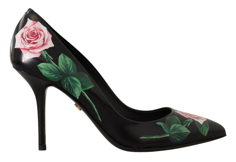 Black Leather Roses High Heels Pumps Shoes