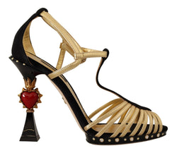 Black Gold T-Strap Decor Heels Sandals Shoes