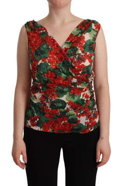 Multicolor Geranium Silk Sleeveless V-neck Top