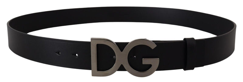 Black Leather Silver Logo Metal Buckle Belt