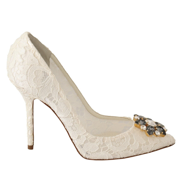 White Taormina Lace Crystal Heels Pumps Shoes