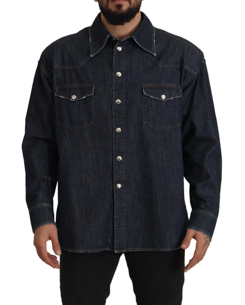 Blue Cotton Stretch Button Down Denim Shirt