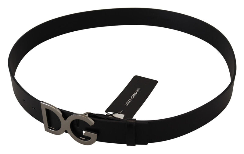 Black Leather Silver Logo Metal Buckle Belt