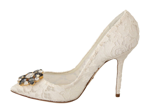 White Taormina Lace Crystal Heels Pumps Shoes