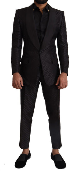 Black Silk Slim Fit Patterned 2 Piece Suit