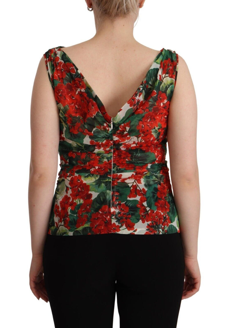 Multicolor Geranium Silk Sleeveless V-neck Top