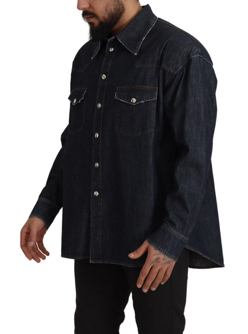 Blue Cotton Stretch Button Down Denim Shirt