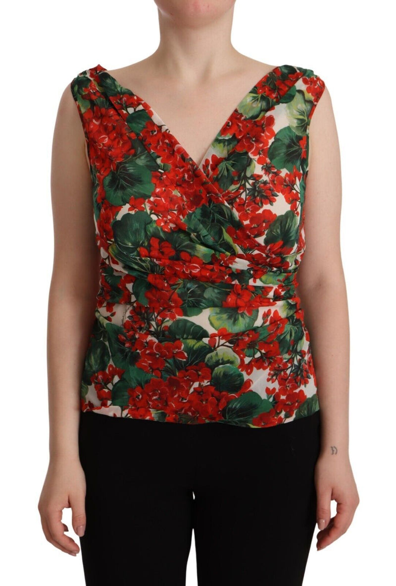 Multicolor Geranium Silk Sleeveless V-neck Top