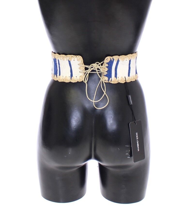 Blue Striped Waist Wide Raffia  Belt