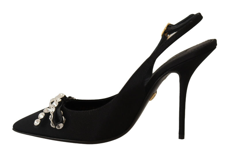 Black Viscose Crystals Heels Slingback Shoes