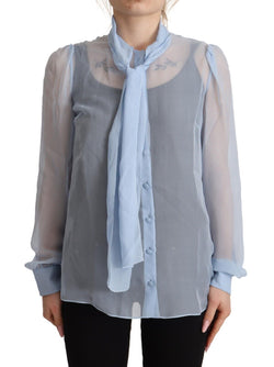 Light Blue Silk Ascot Collar Long Sleeves Blouse Top