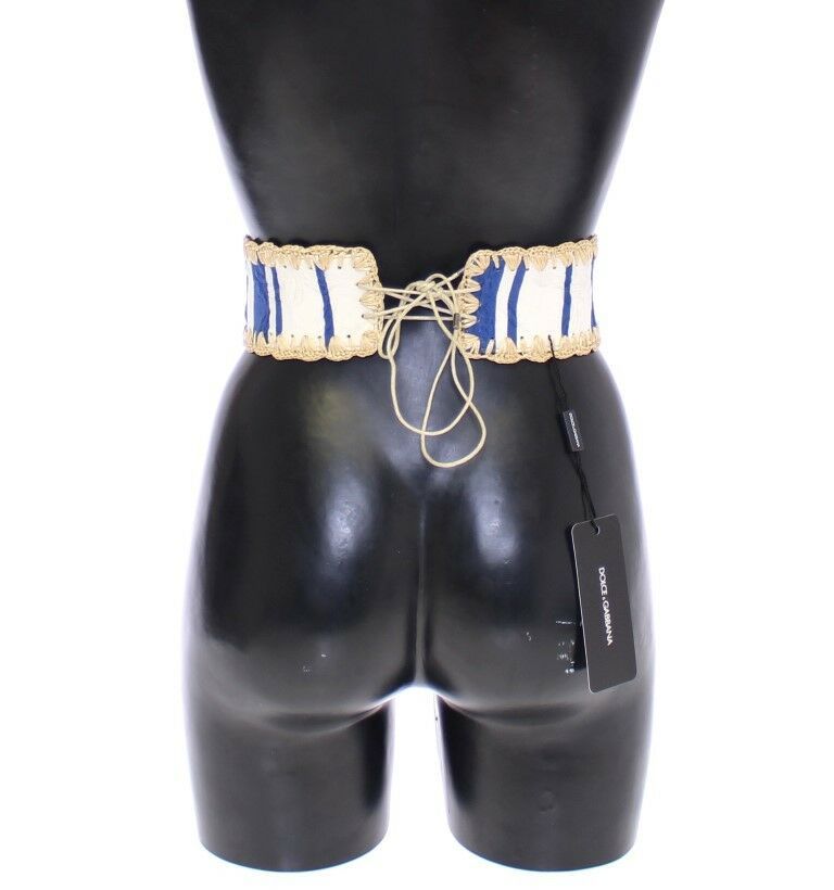 Blue Striped Waist Wide Raffia  Belt