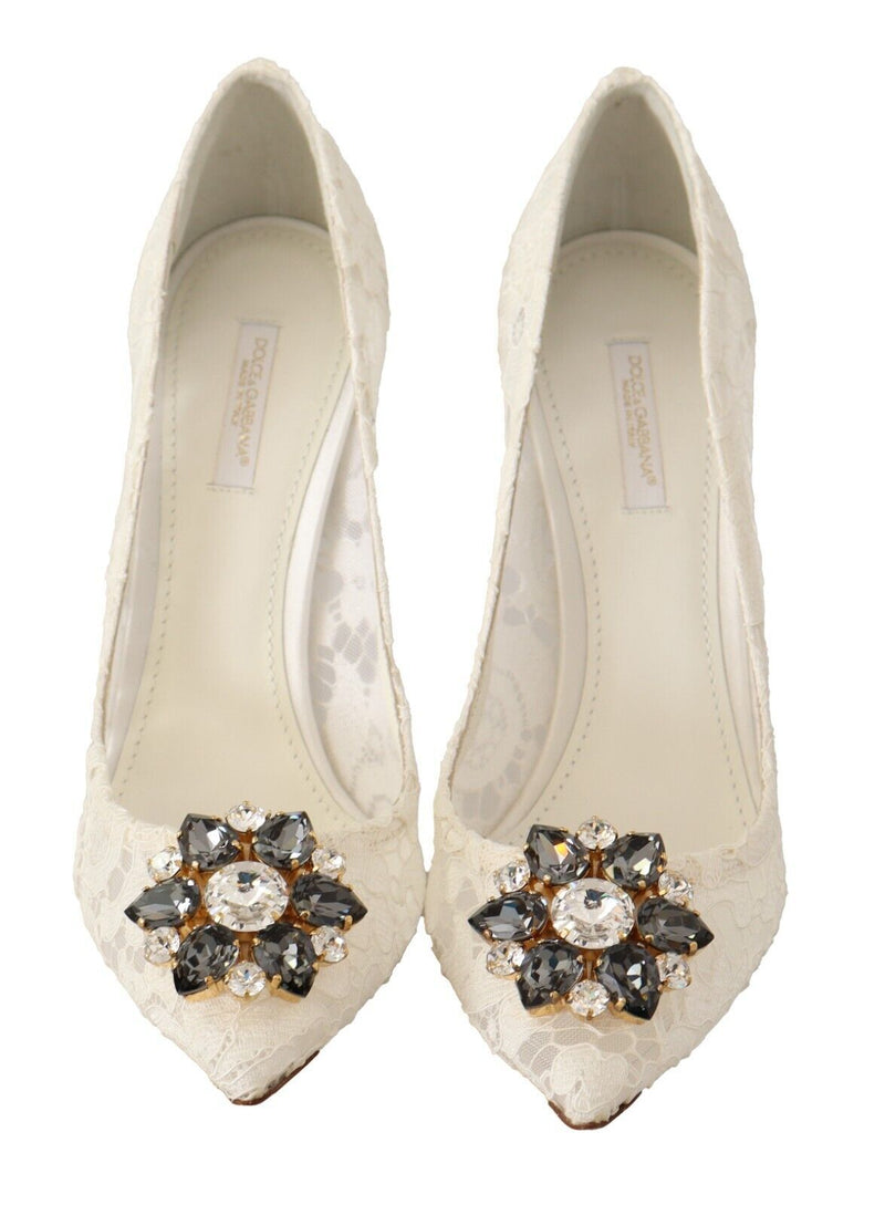 White Taormina Lace Crystal Heels Pumps Shoes